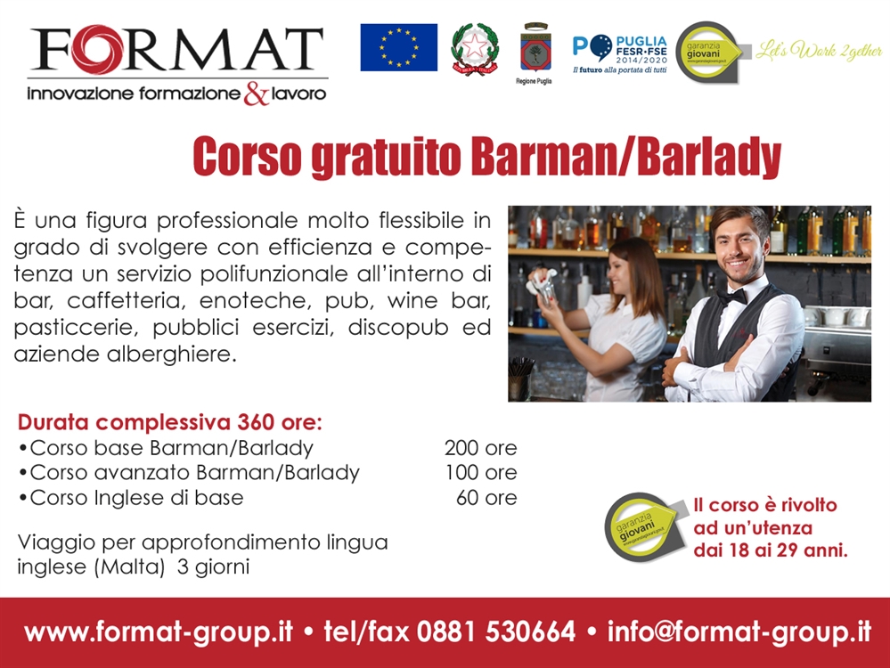 Corso gratuito barman/barlady
